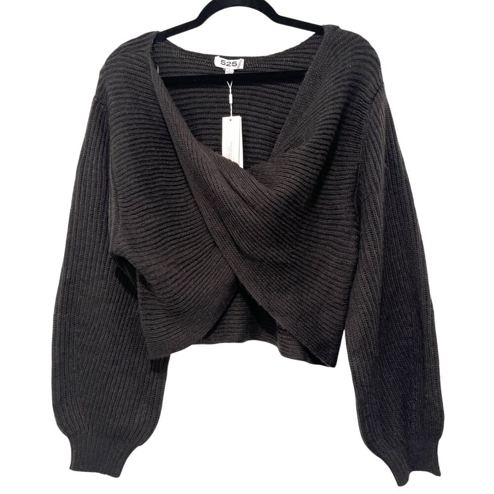 525 Womens Two-Way Black Ribbed Knit Sweater Wear Front Or Back Large NWT